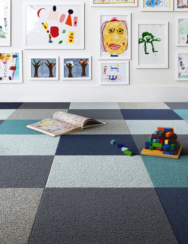 Playroom with FLOR Heaven Sent area rug shown in Indigo.